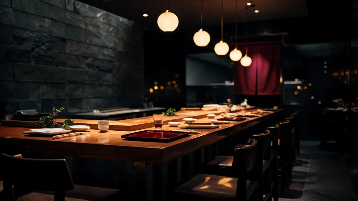 Balcão omakase — ambiente intimista em madeira escura